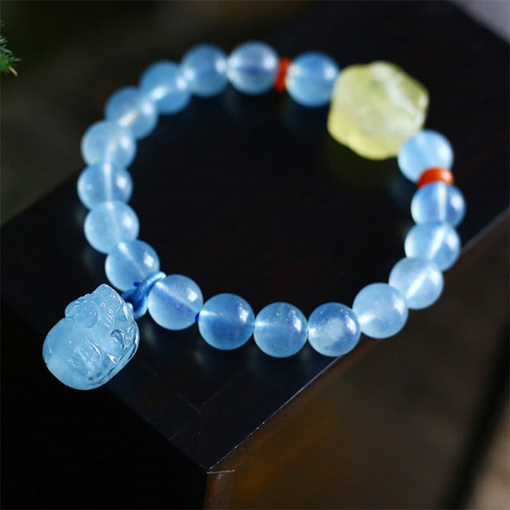 Natural Aquamarine Amber Pixiu Peace Healing Charm Bracelet