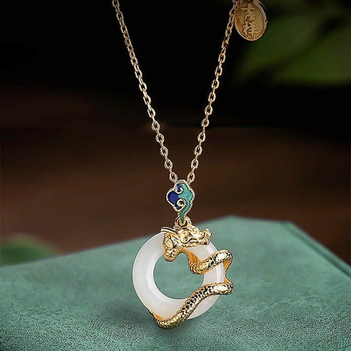 Buddha Stones Year Of The Dragon 925 Sterling Silver Hetian White Jade Peace Buckle Auspicious Clouds Success Necklace Pendant