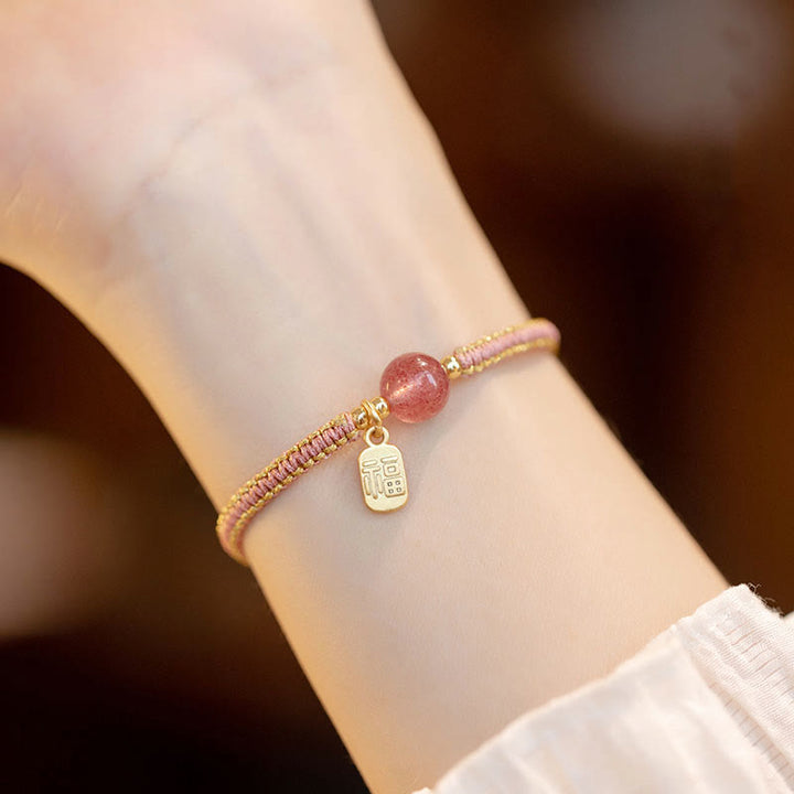 Buddha Stones Handmade Strawberry Quartz Hetian Jade Bead Fu Character Healing Bracelet
