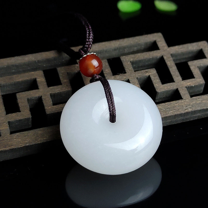 Round Hetian White Jade Peace Buckle Blessing Necklace Pendant