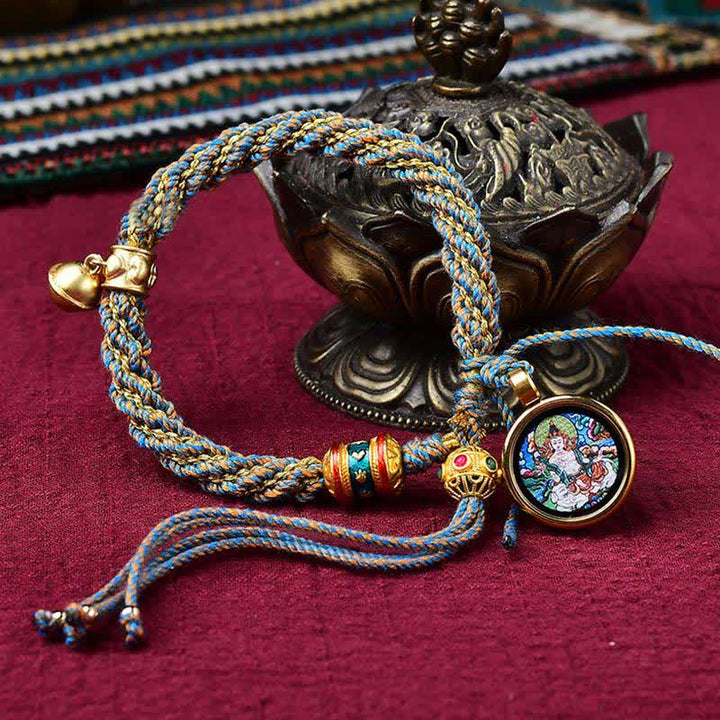 Tibetan Handmade Luck Protection Thangka Prayer Wheel Bell Charm Braid String Bracelet