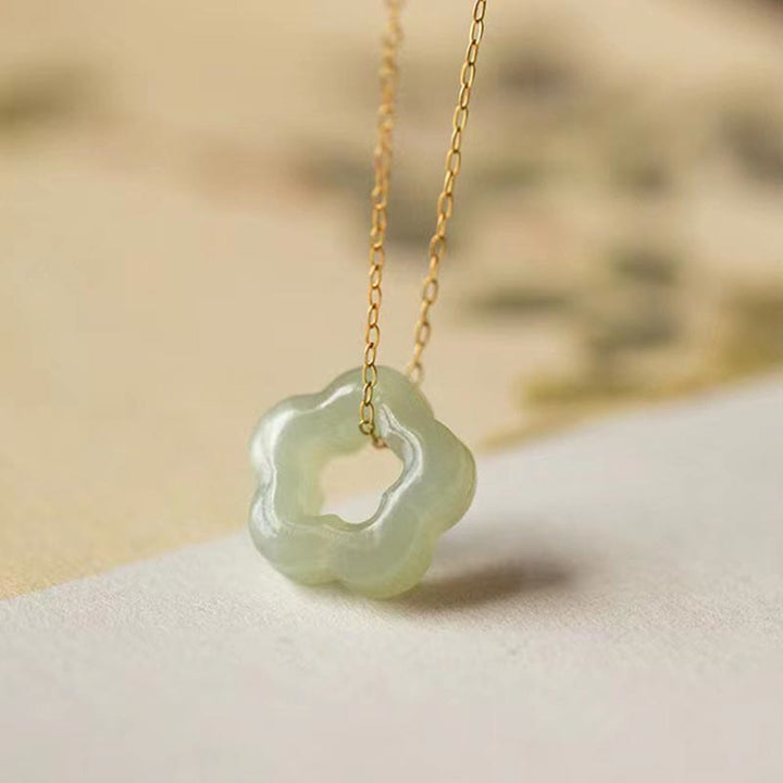 Buddha Stones Dainty Hetian Jade Cyan Jade Luck Floral Charm Necklace Pendant