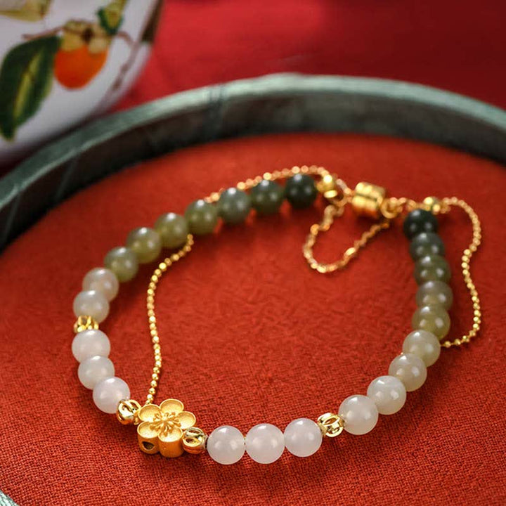 925 Sterling Silver Natural Hetian Jade Peach Blossom Luck Chain Bracelet