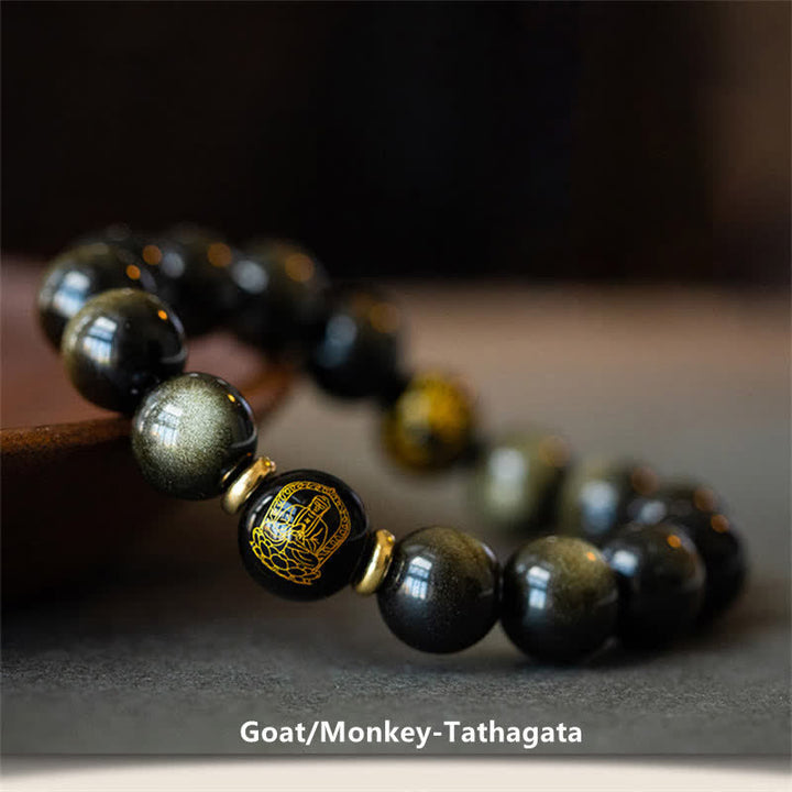 Chinese Zodiac Natal Buddha Gold Sheen Obsidian Wealth Protection Bracelet