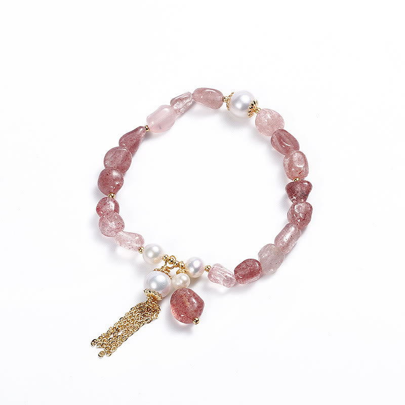 Natural Strawberry Quartz Pearl 14k Gold Plated Love Healing Bracelet