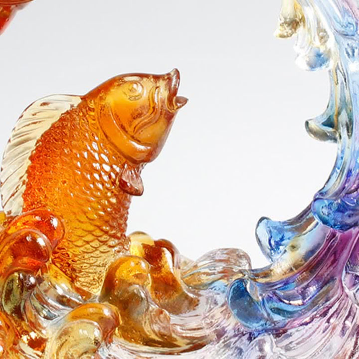 Feng Shui Dragon Koi Fish Handmade Liuli Crystal Art Piece Home Office Decoration